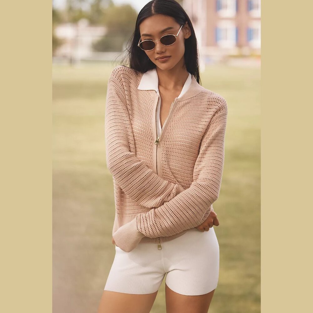 NEW Varley - Size M, Lai Cotton Long-Sleeve Zip-Front Knit Jacket - Moonlight